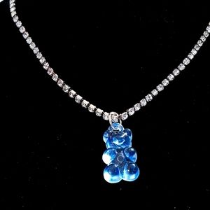 BLUE GUMMY BEAR NECKLACE WITH RHINESTONE CHAIN NEW